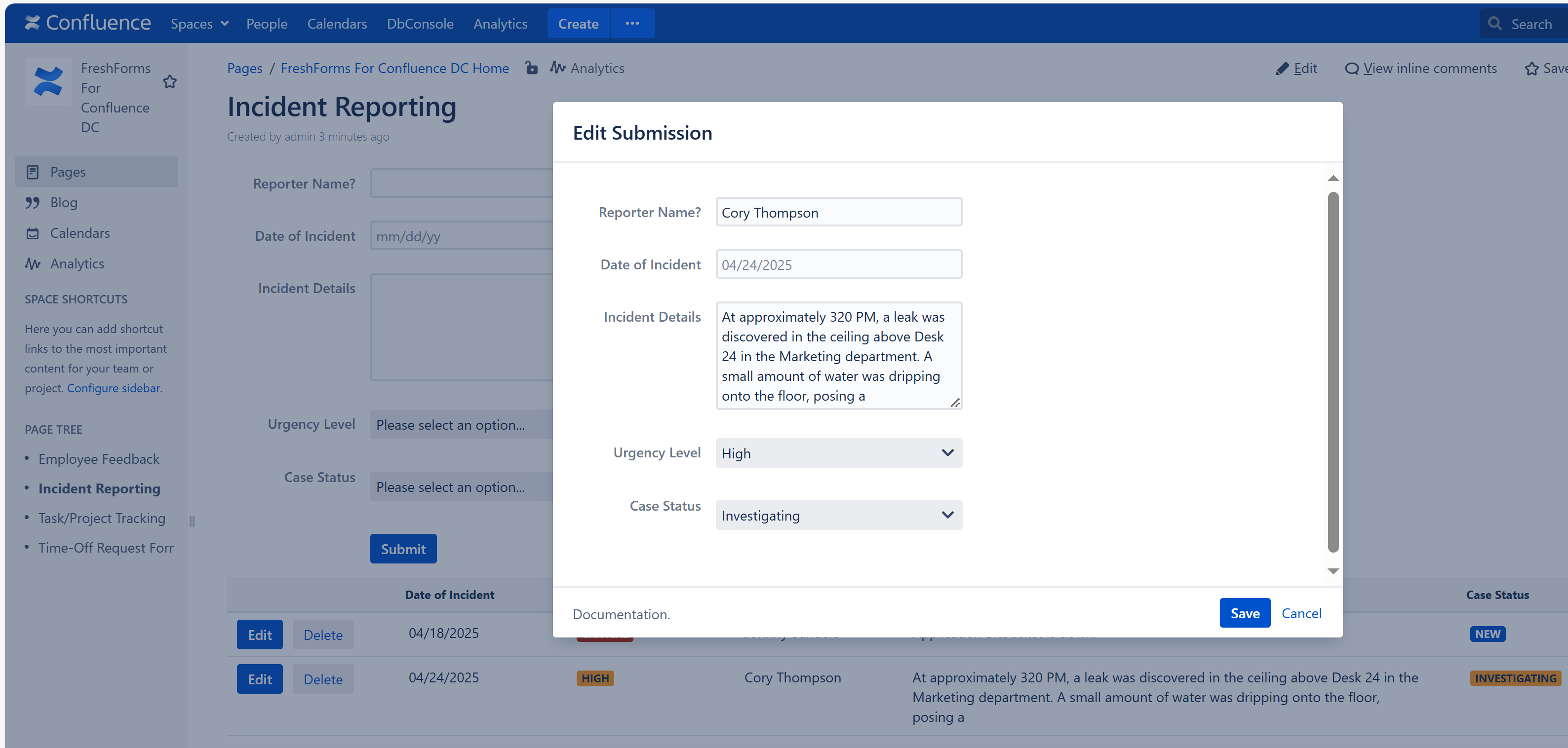 Incident Reporting form showing edit submission dialog with status and date fields
