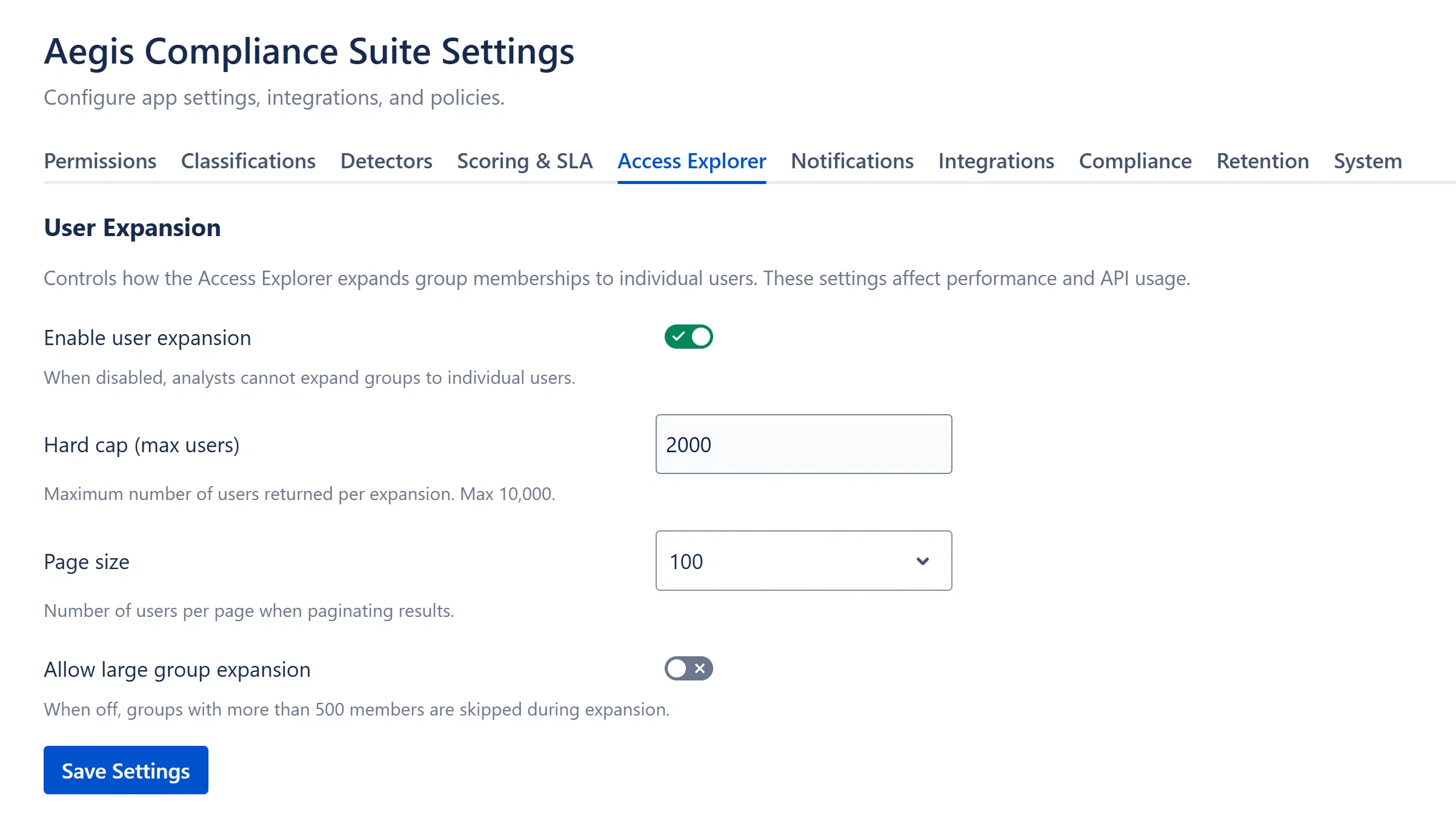 Access Explorer admin tab showing the four configuration settings with toggle and number fields