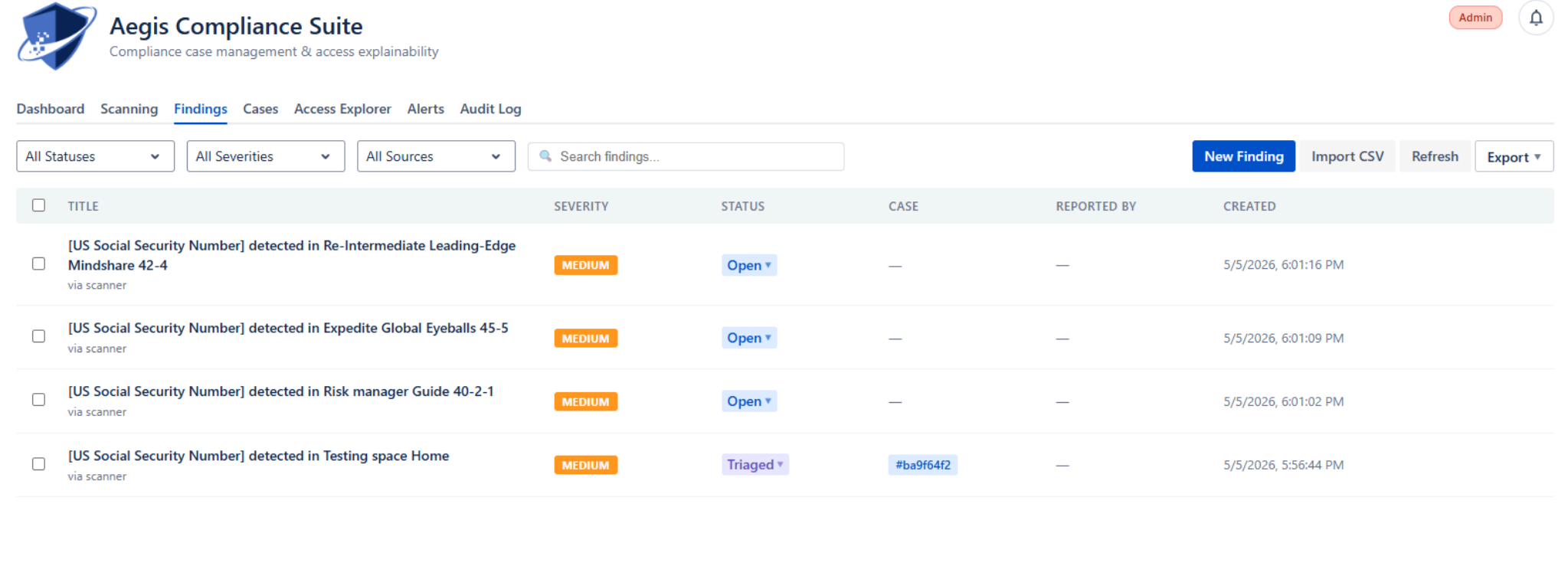 Aegis case management view showing findings, assignees, and SLA deadlines