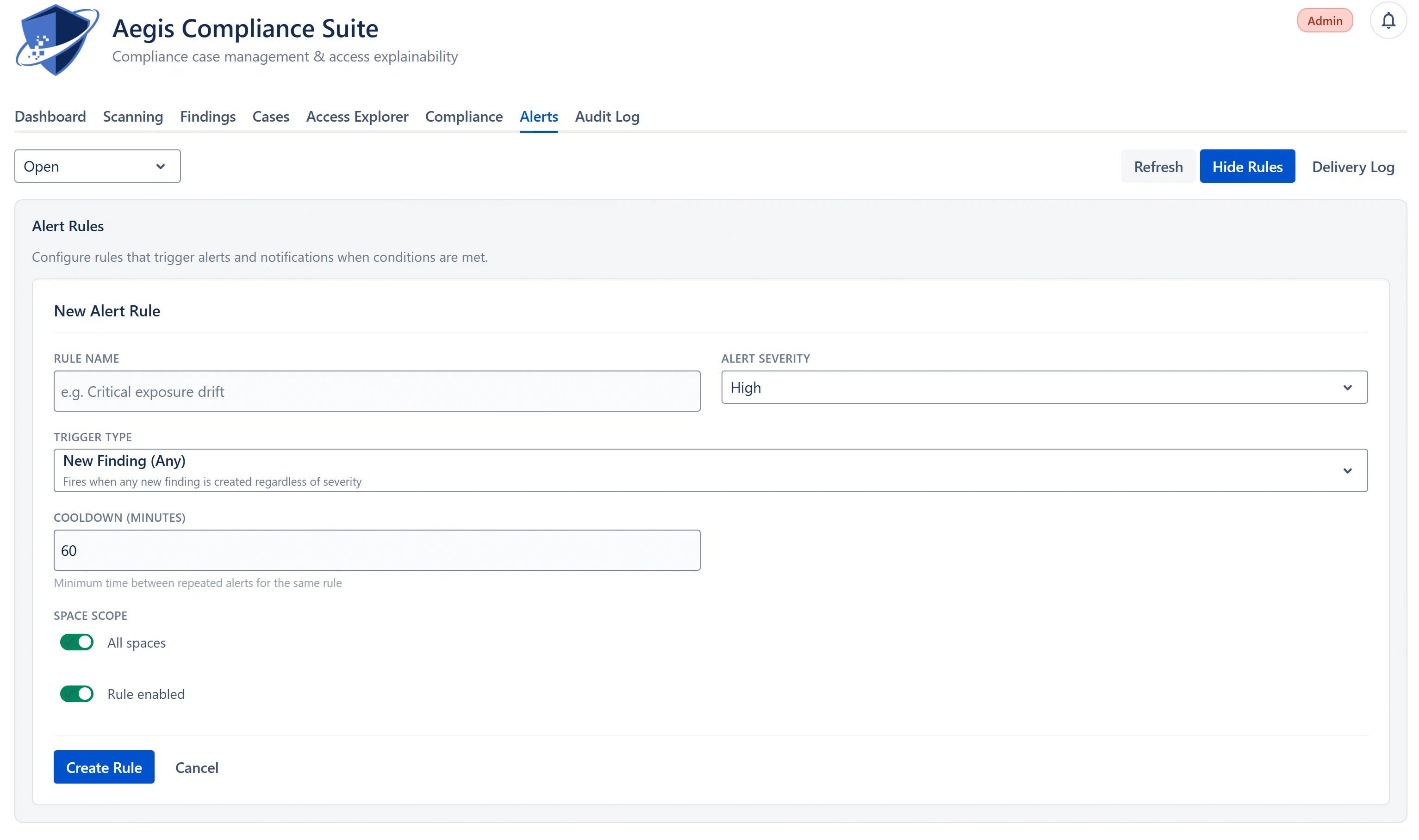 Alert Rules panel, configured rule list showing trigger type, cooldown, scope, enabled toggle, and Add Rule button