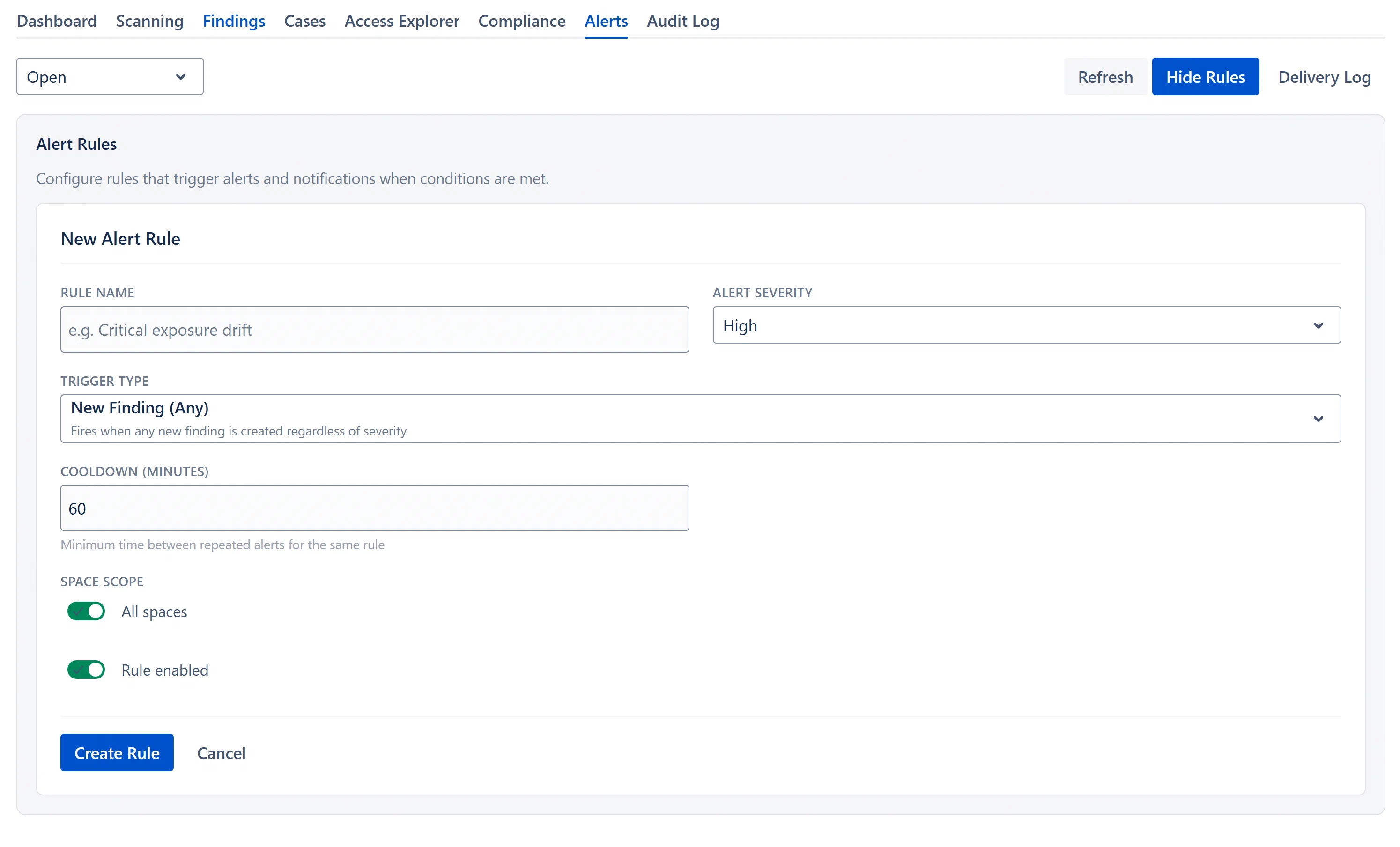 Alerts tab. Add Rule panel
