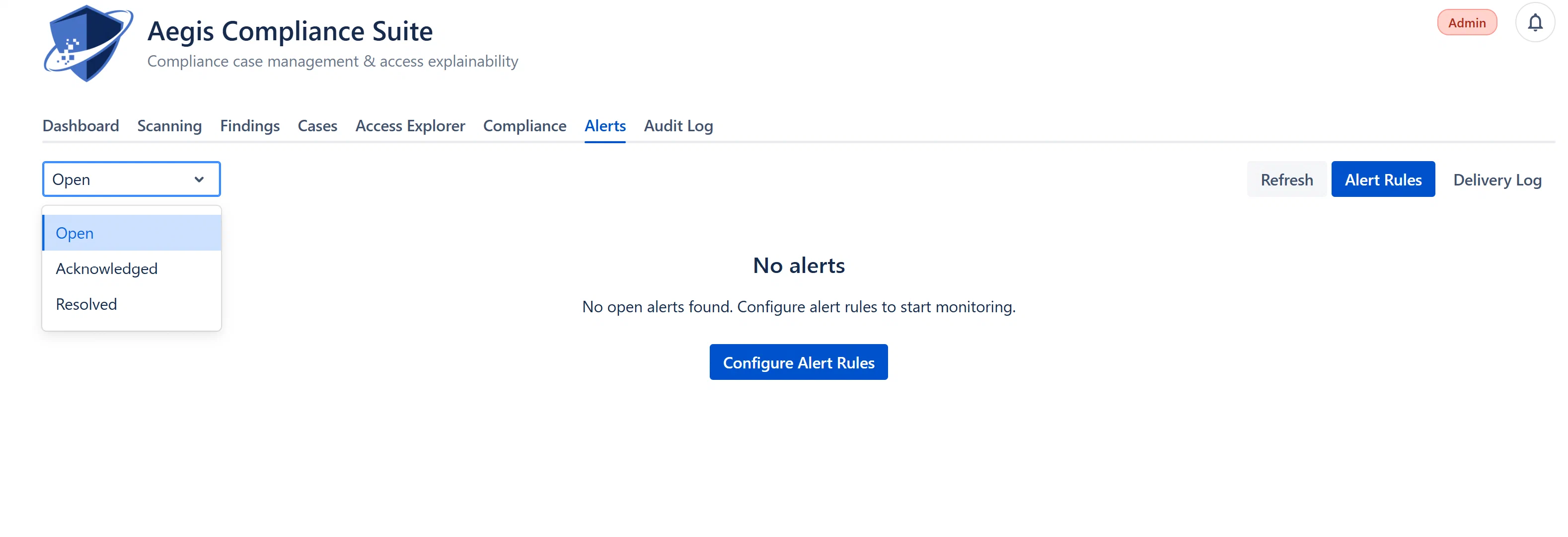 Alerts tab, alert record cards showing Open and Acknowledged status lozenges, rule names, space keys, and timestamps