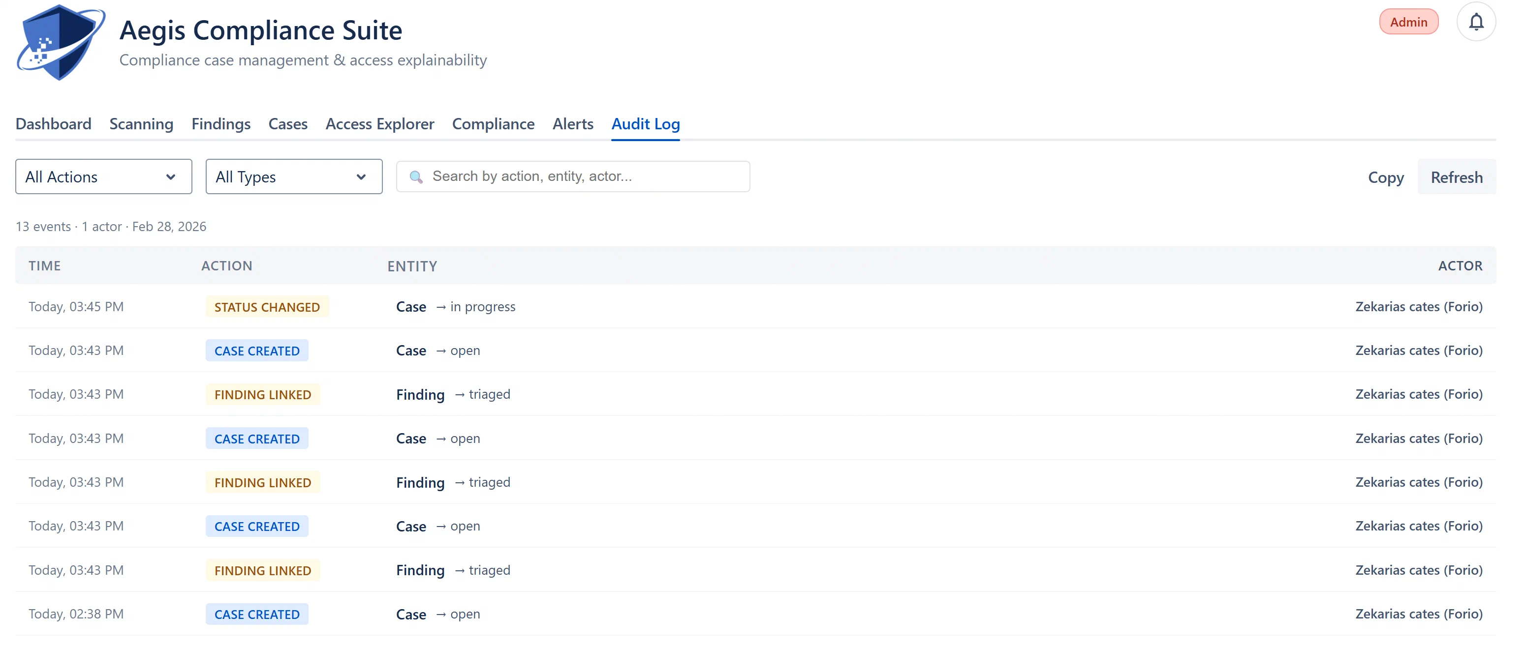 Audit Log tab, filter toolbar with Action and Entity Type dropdowns, search bar, and event rows showing Time, Action, Entity, and Actor columns