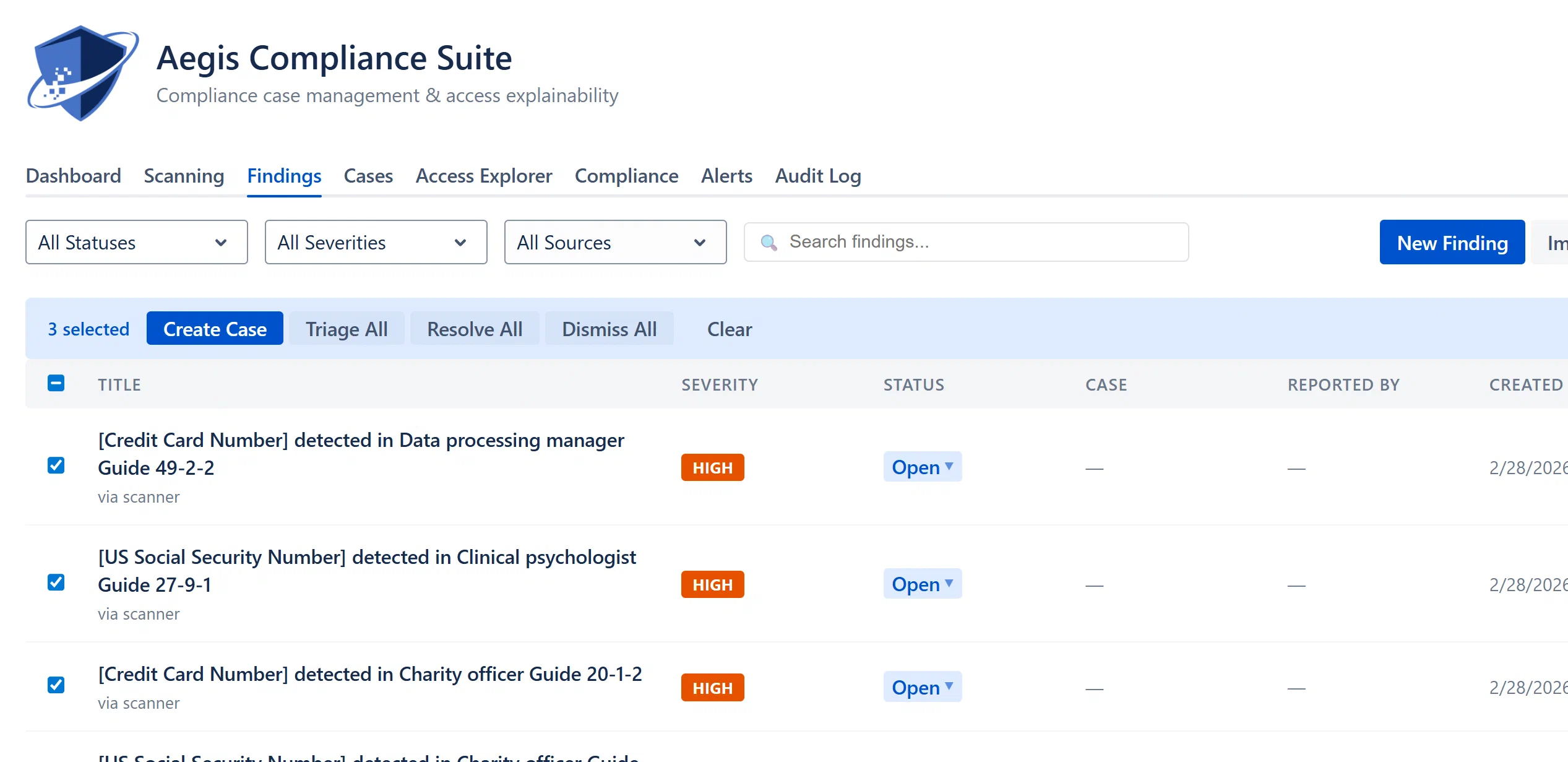Bulk action bar, “5 selected” with Create Case, Triage All, Resolve All, Dismiss All buttons