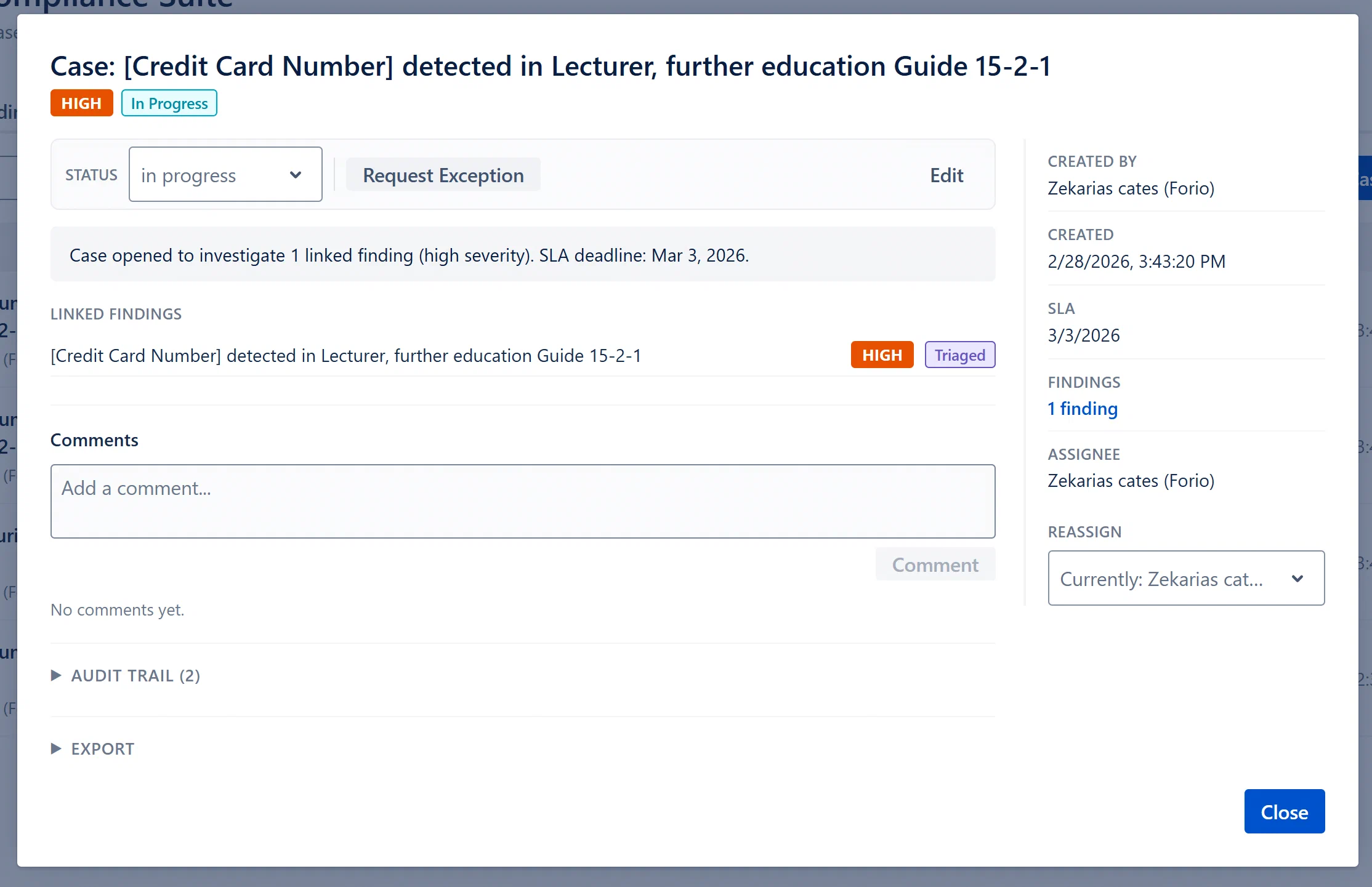 Case Detail modal open, showing the two-column layout with action bar at top, linked findings list, and the right sidebar with metadata fields