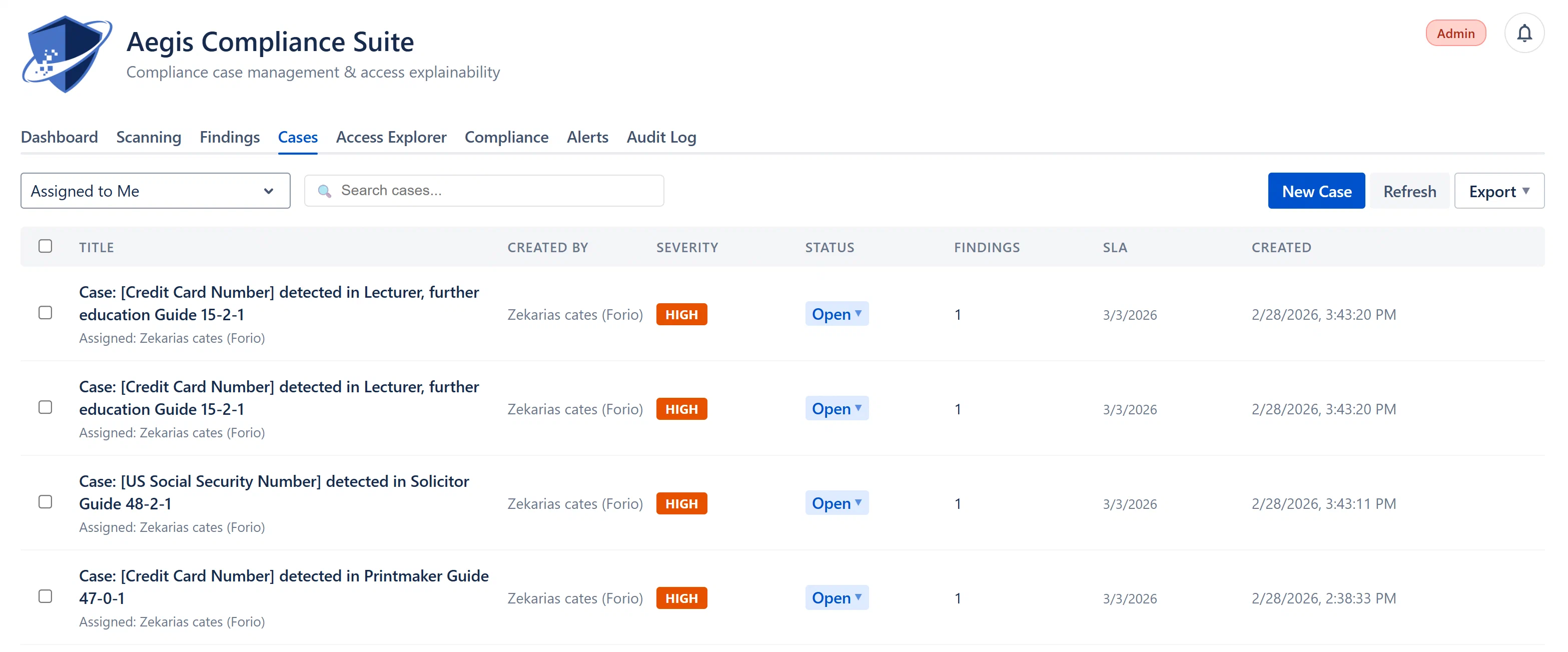 Cases tab showing the list view with severity badges, status lozenges, SLA deadlines, and the New Case button in the toolbar