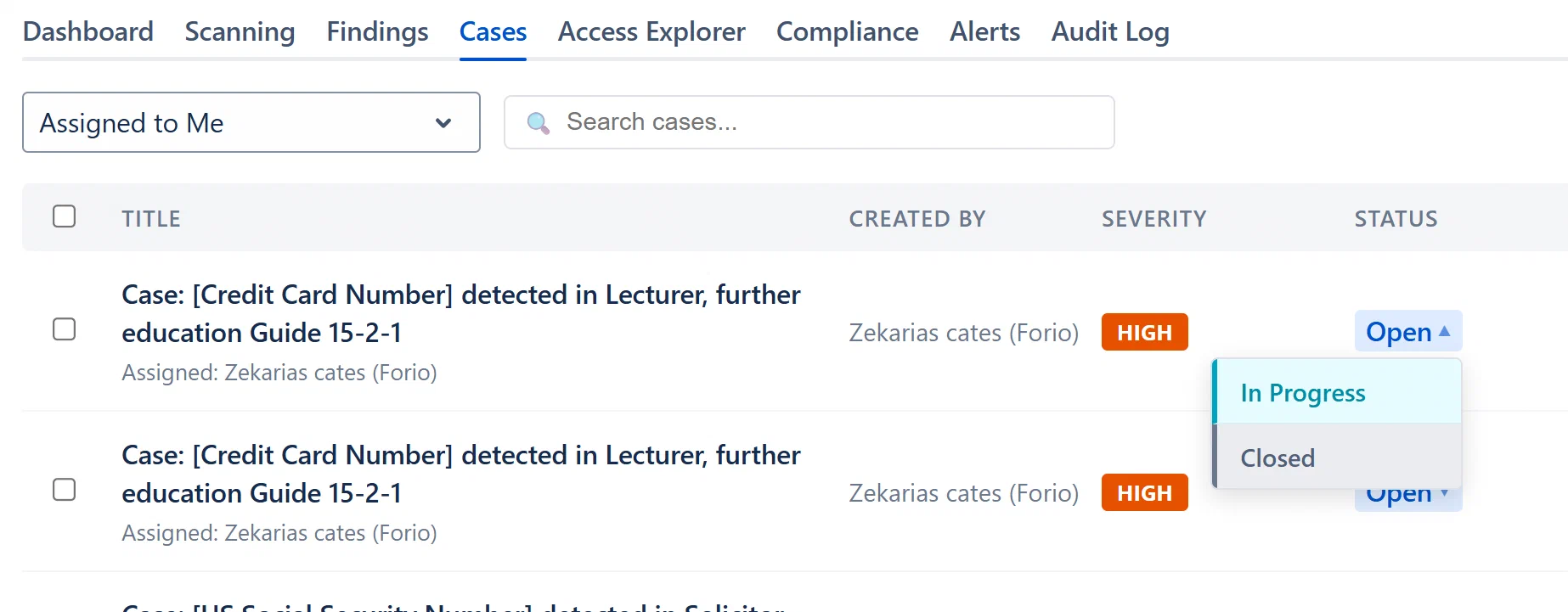 Cases toolbar showing the status filter dropdown expanded with all options visible, and the search bar with text entered