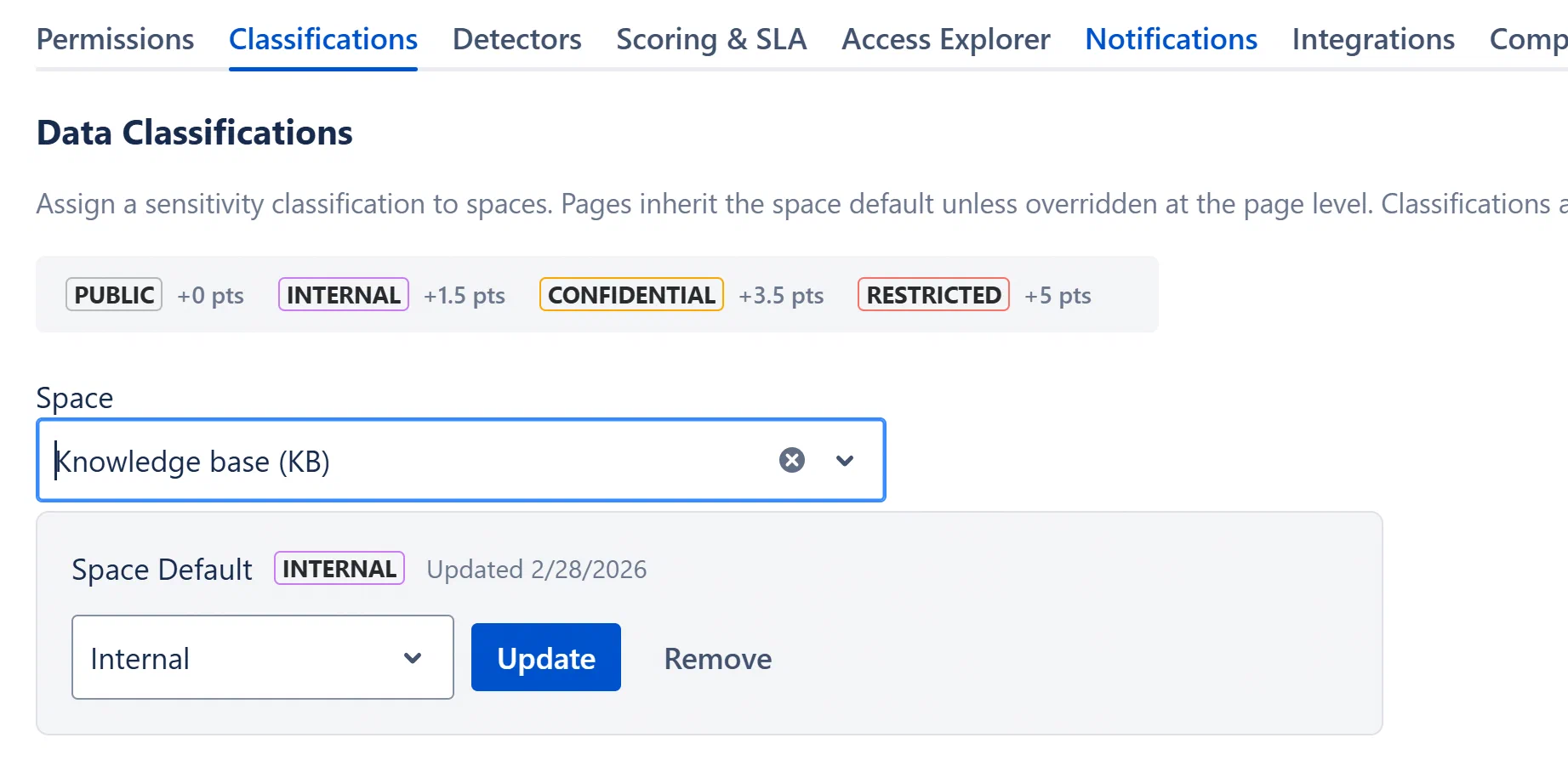 Classifications tab with a space selected, showing “Space Default: Internal” and the dropdown to change it