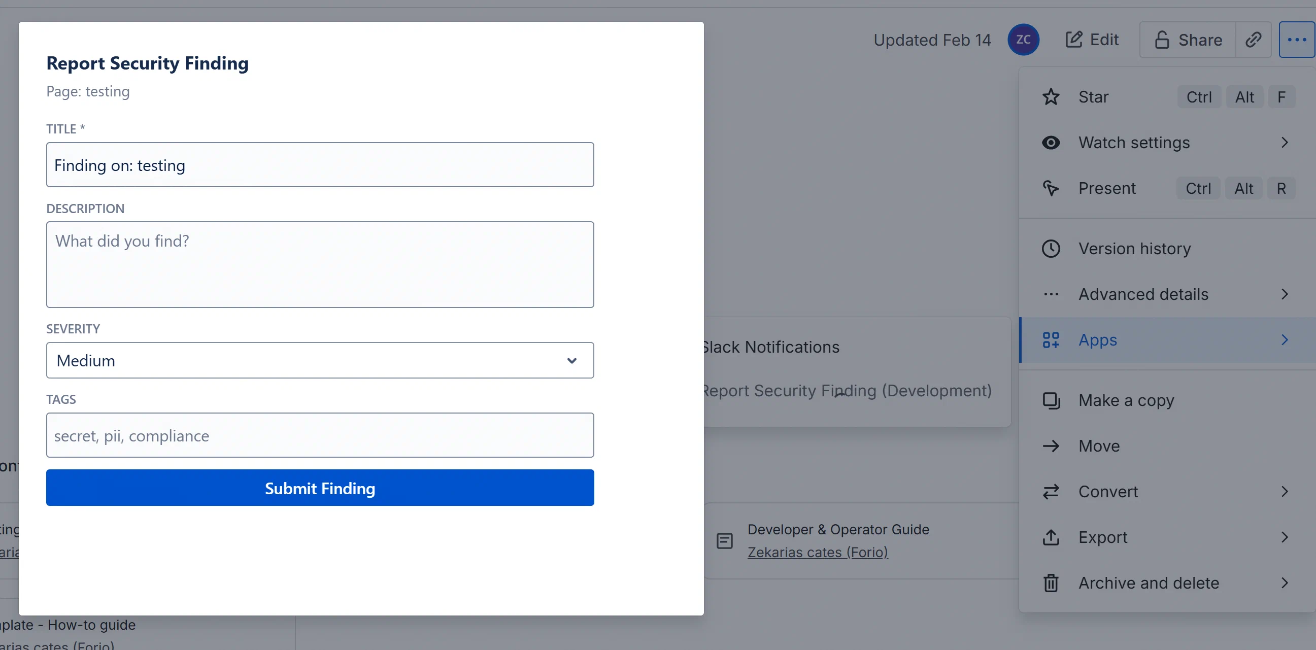 Confluence page “…” menu showing “Report Security Finding” as one of the action items