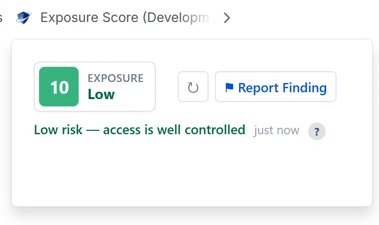 Confluence page showing the exposure score byline below the title with score badge, classification lozenge, and re-analyze button
