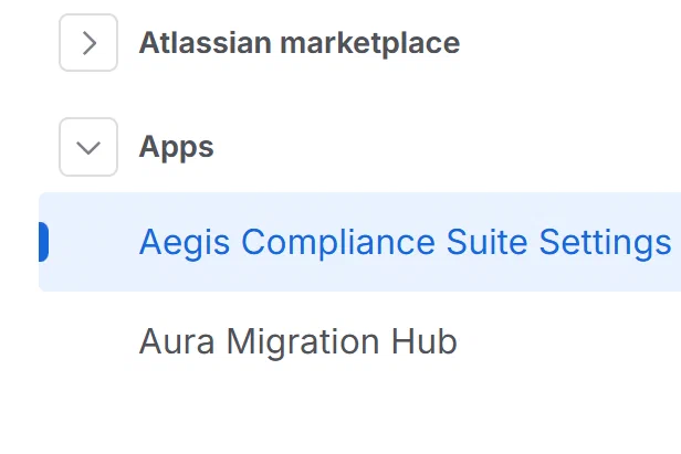 Confluence Settings left sidebar showing “Aegis Compliance Suite Settings” under Marketplace Apps