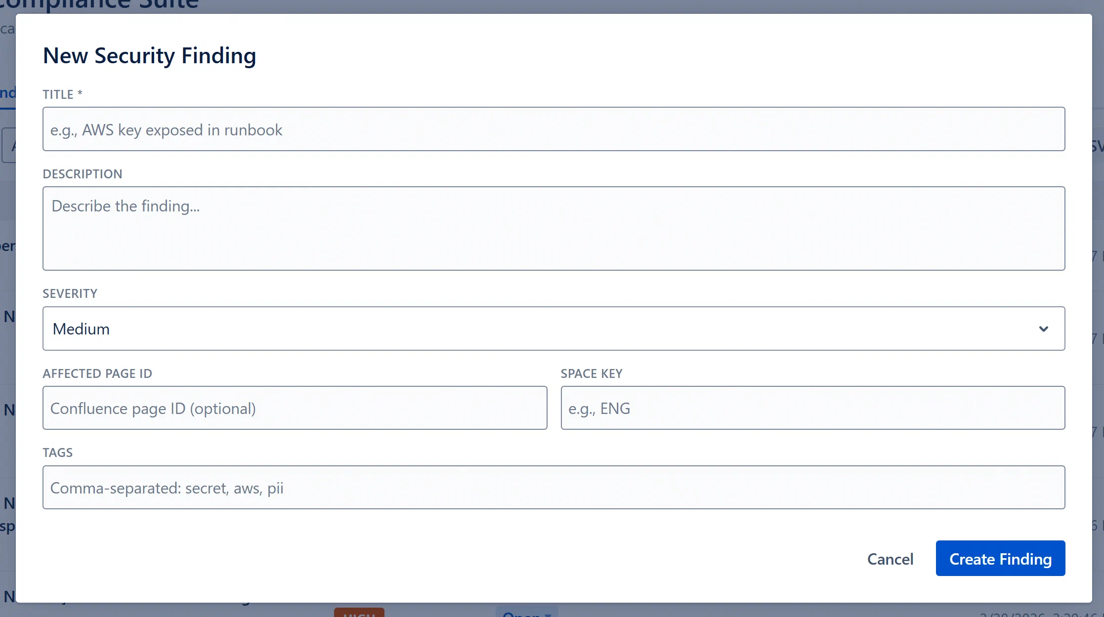 Create Finding modal, all fields visible, Severity dropdown open