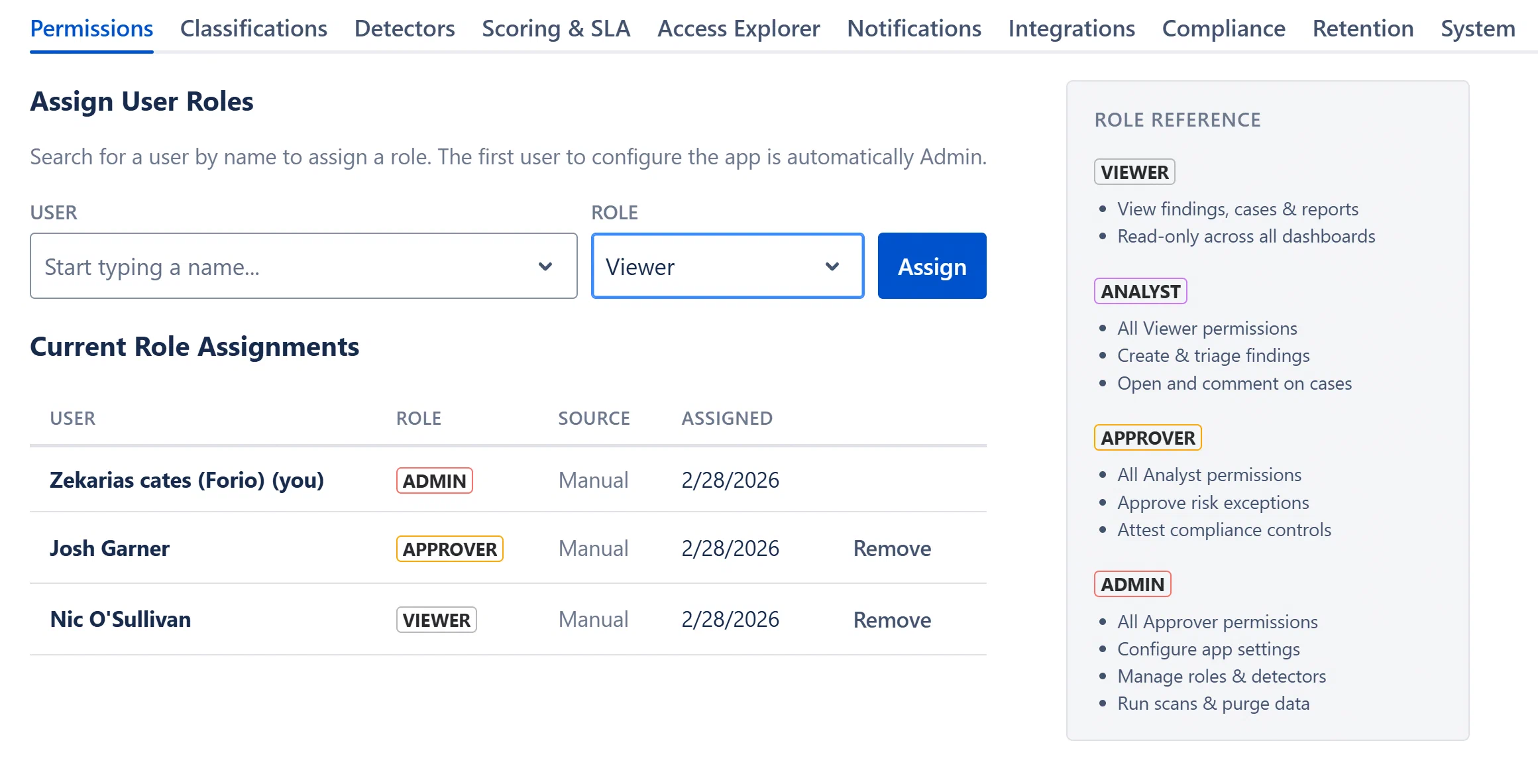 Current Role Assignments table with several users listed at different role levels