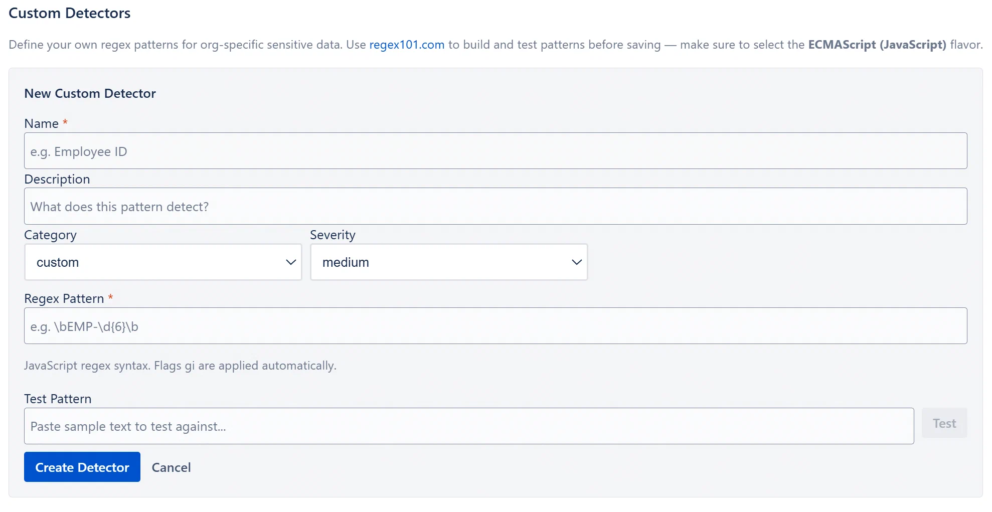 Custom Detector form showing the Name, Description, Category, Severity, Pattern, and Test fields