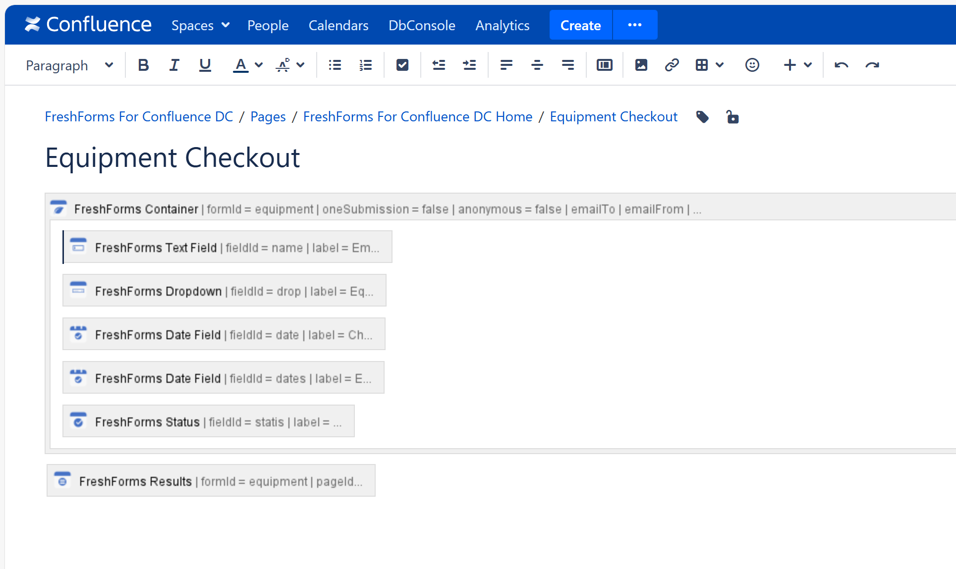 Equipment Checkout form built using FreshForms macros in the Confluence editor