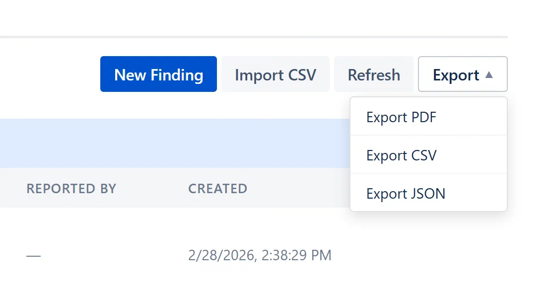 Export dropdown open, showing Export PDF, Export CSV, Export JSON options