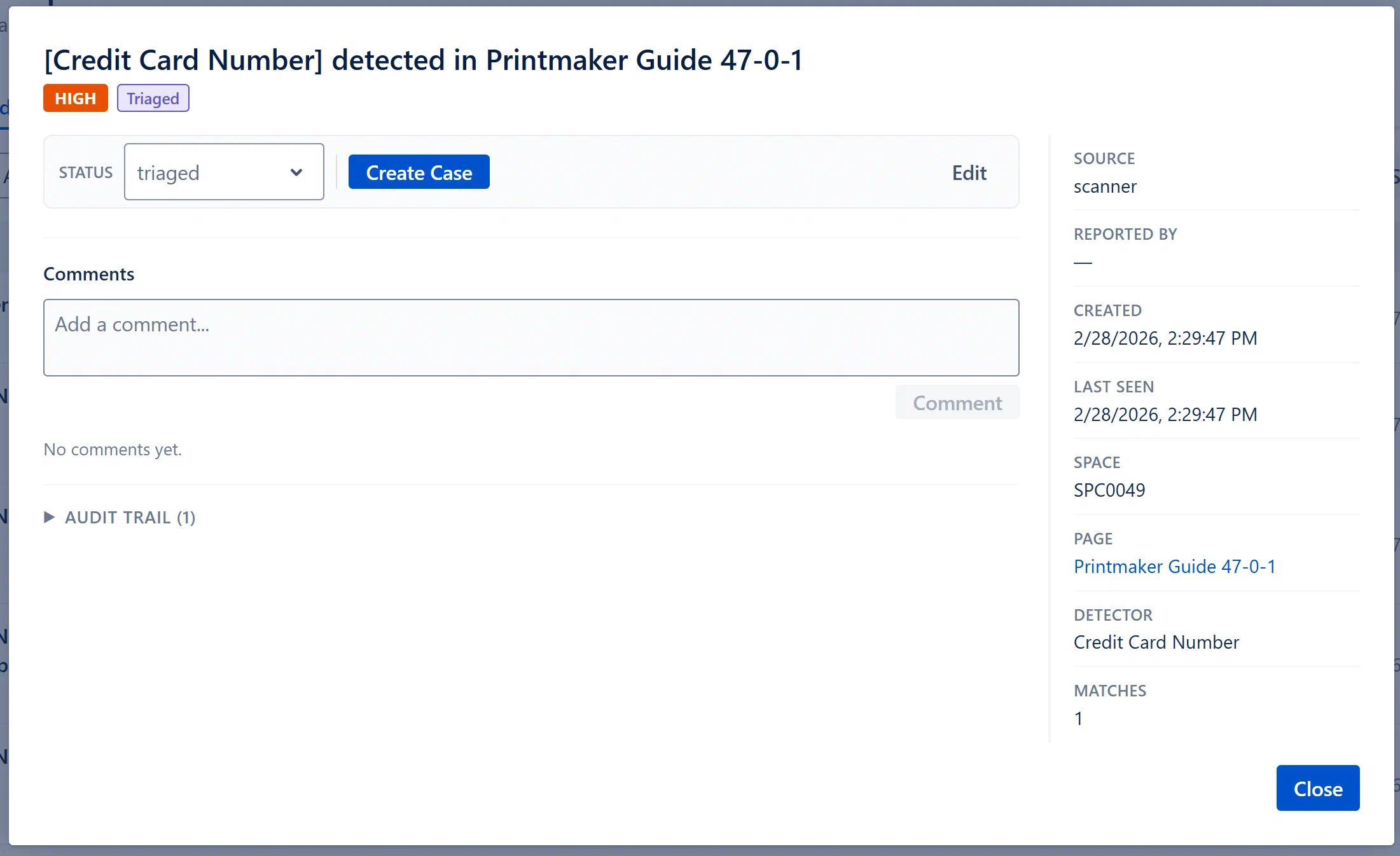 Finding Detail Modal, full view with action bar, description, sidebar metadata