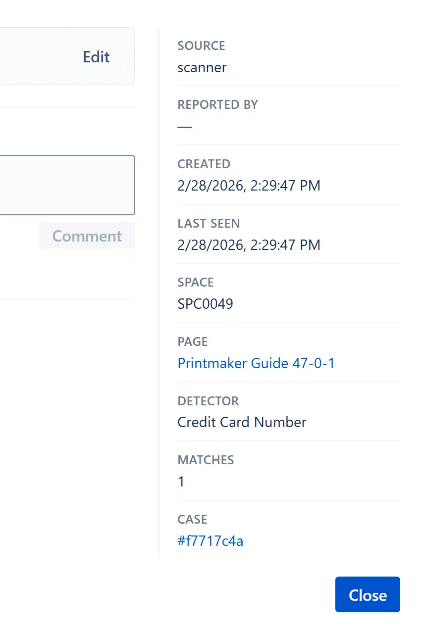 Finding Detail Modal sidebar, metadata items Source, Reported By, Space, Page (with link), Detector, Case link