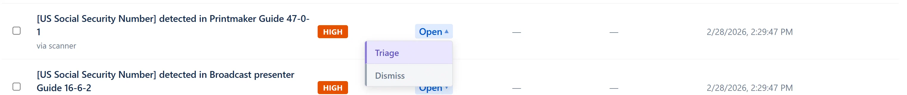 Findings table, row with severity badge, quick-action status dropdown open showing “Triage” and “Dismiss” options