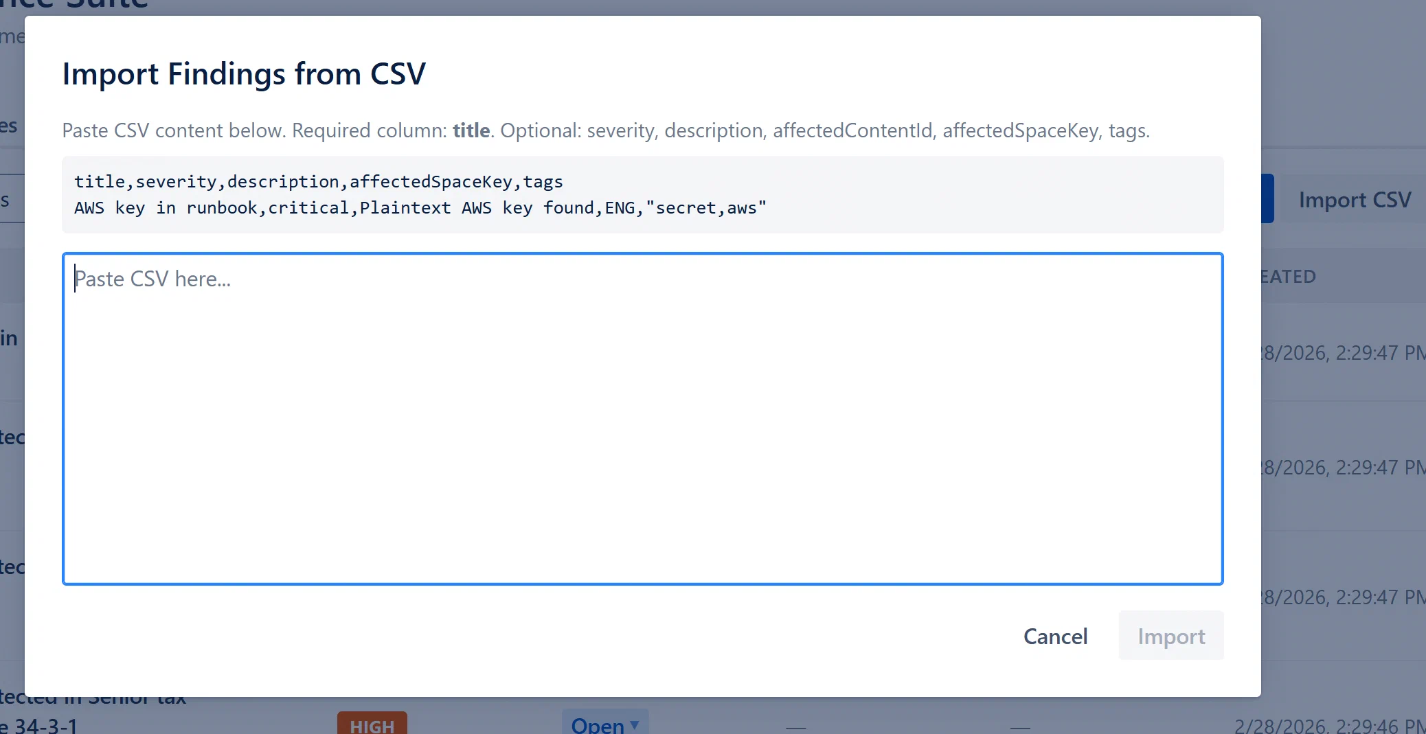 Import CSV modal, text area with sample CSV pasted, Import button