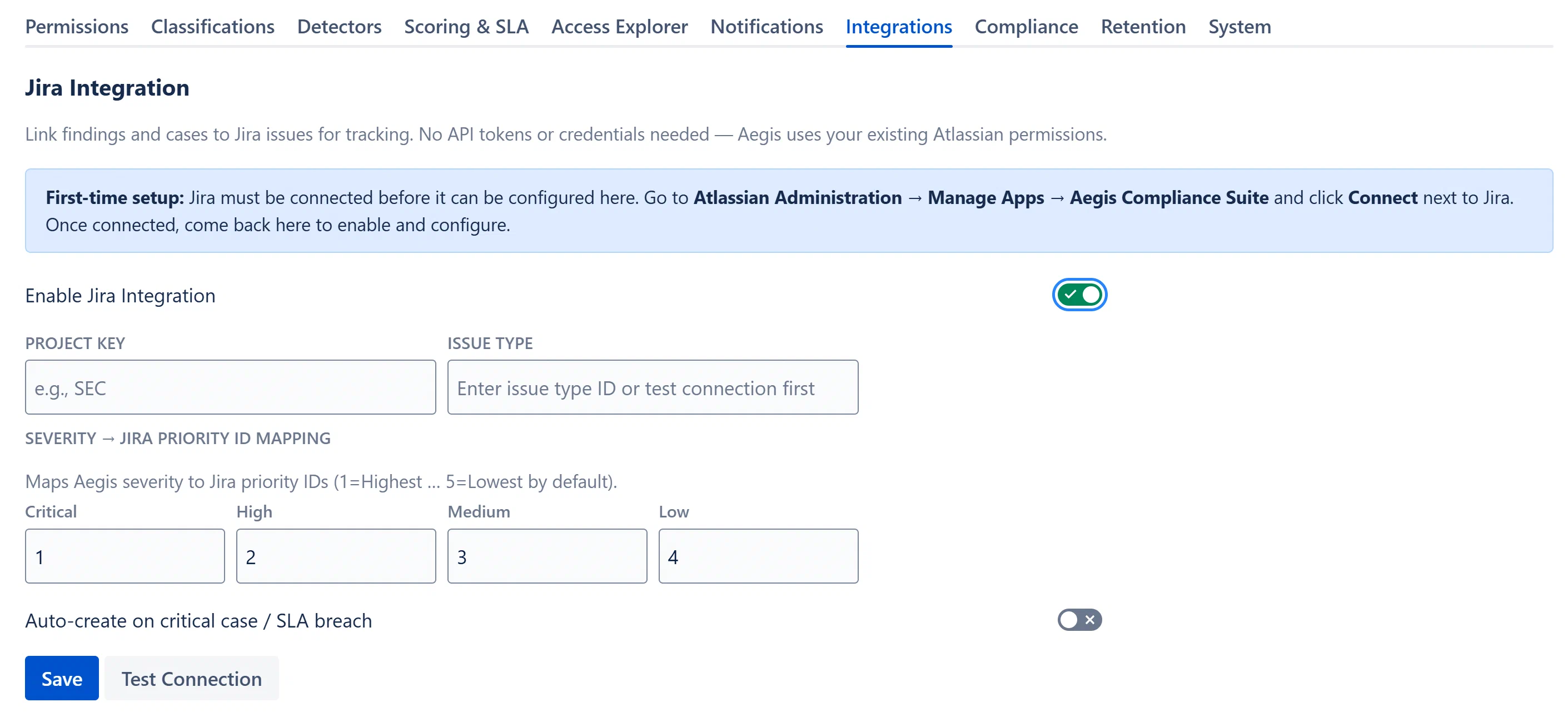 Integrations tab showing the Jira Integration section with the first-time setup callout and configuration fields