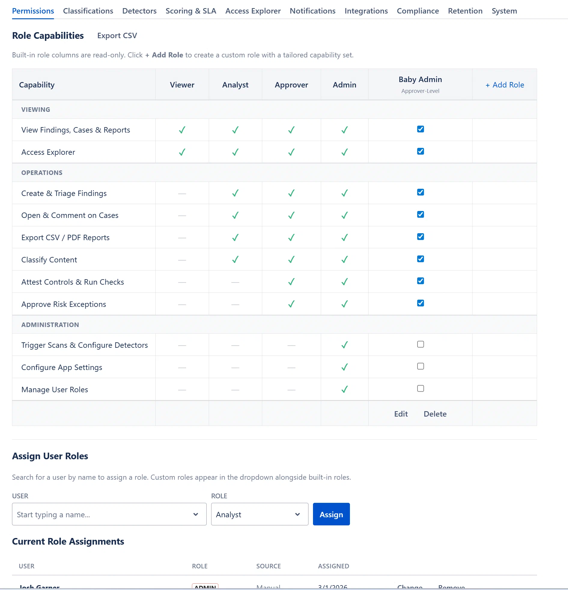 Permissions tab showing the capabilities matrix and the role assignment form below it