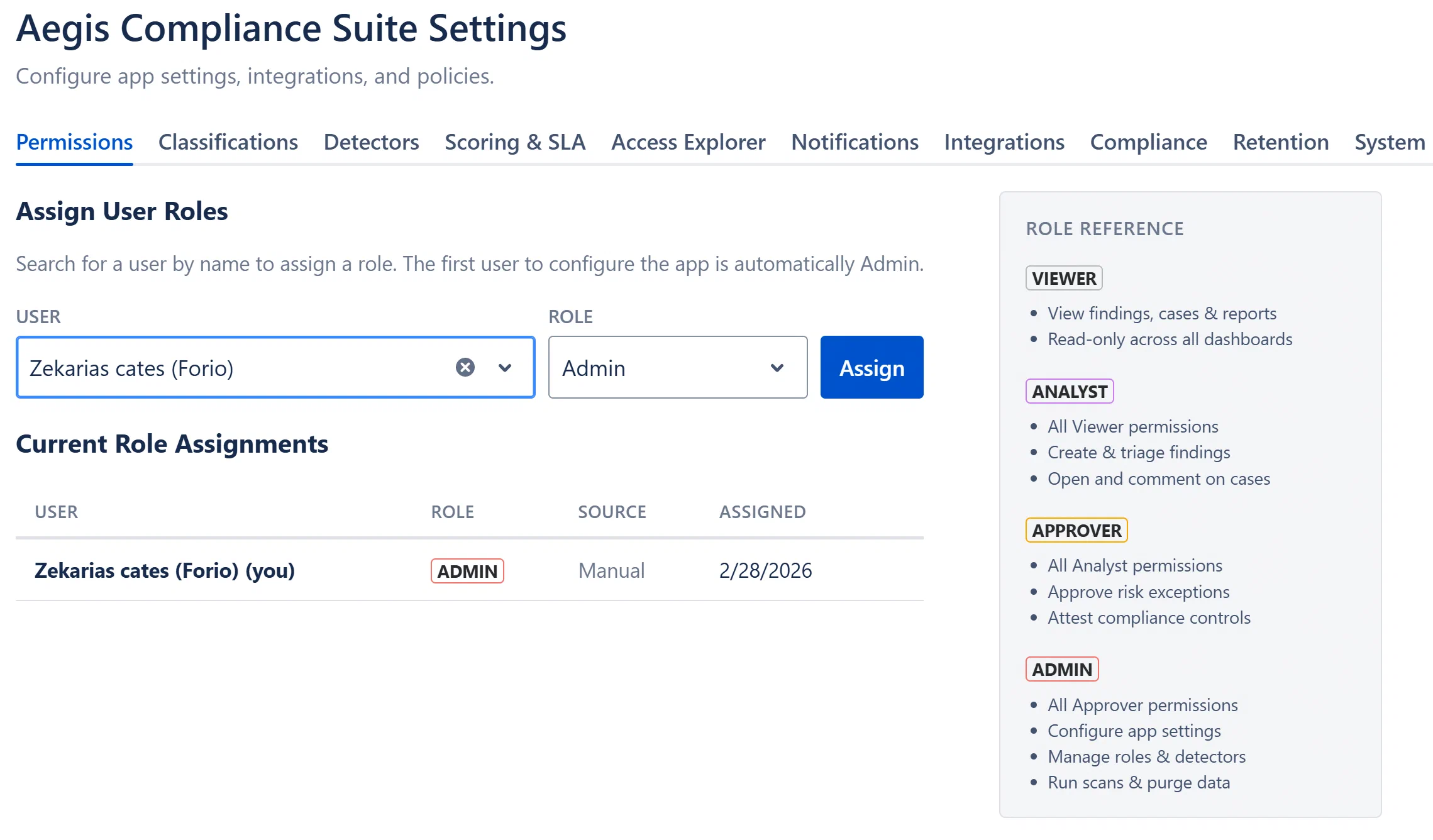 Permissions tab showing user search populated, role dropdown open