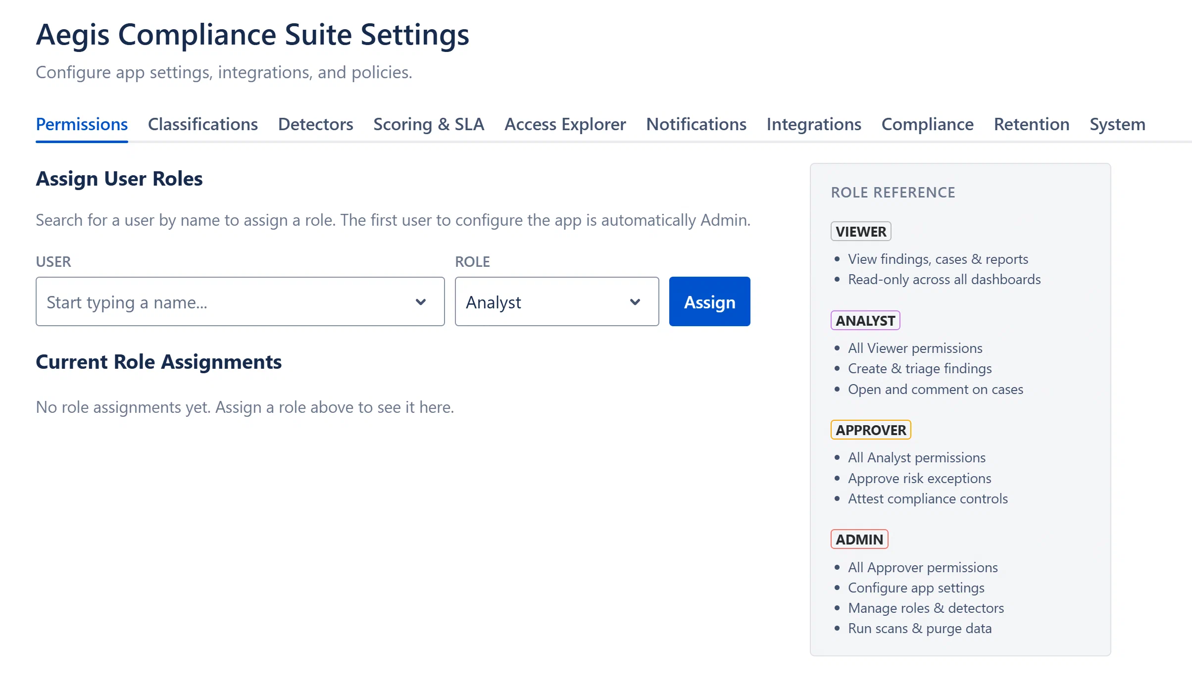 Permissions tab, user search and role assignment