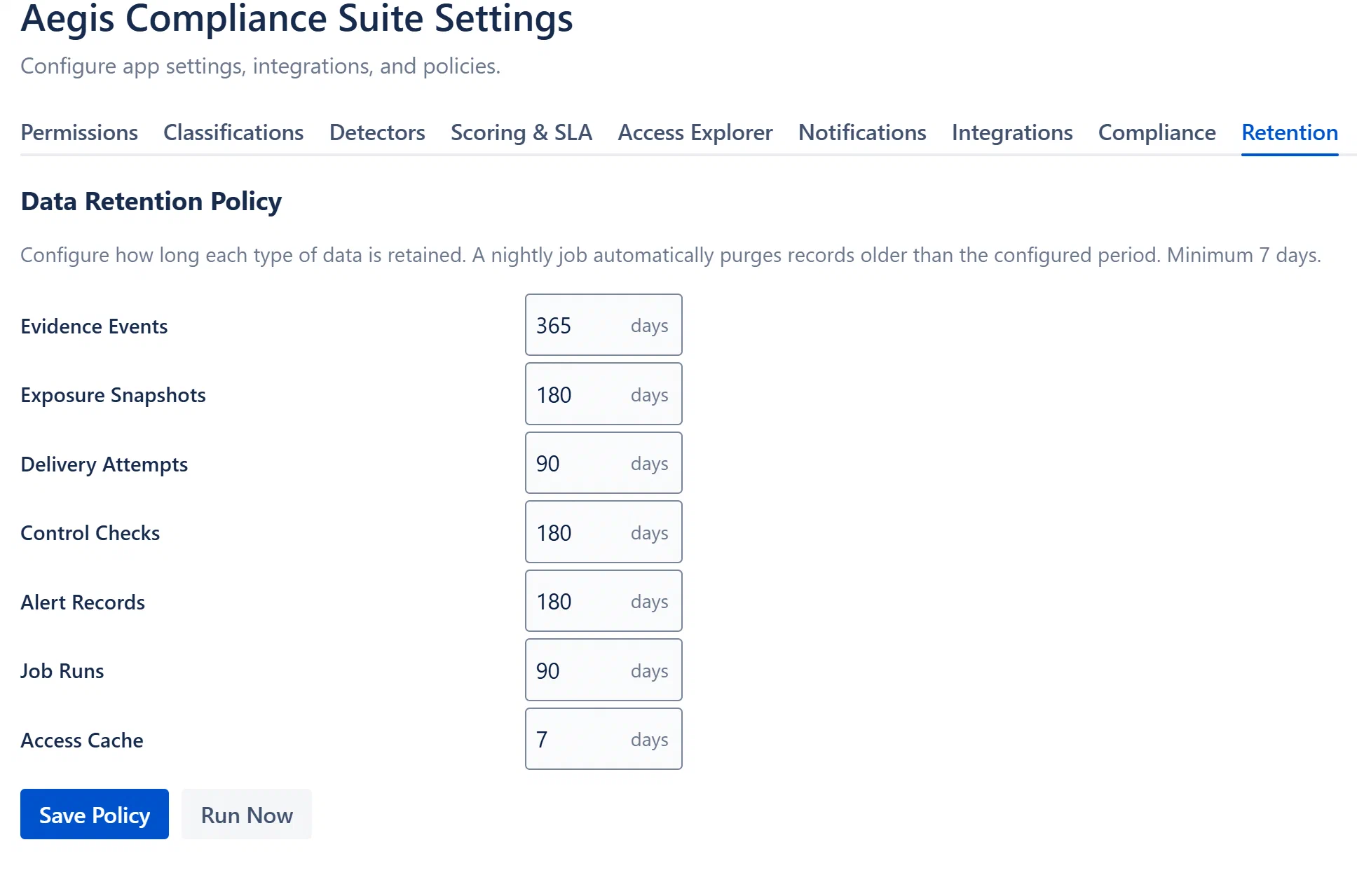 Retention tab showing the seven entity type rows with numeric day fields and the Save Policy and Run Now buttons