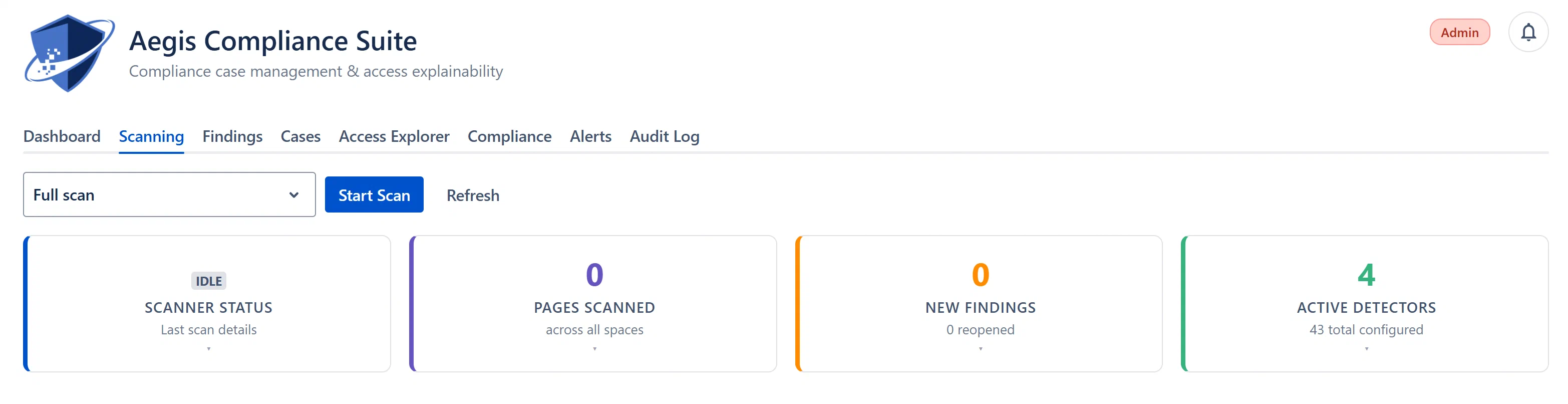 Scanning tab, toolbar with scan type selector, Start Scan button, and four stat cards below