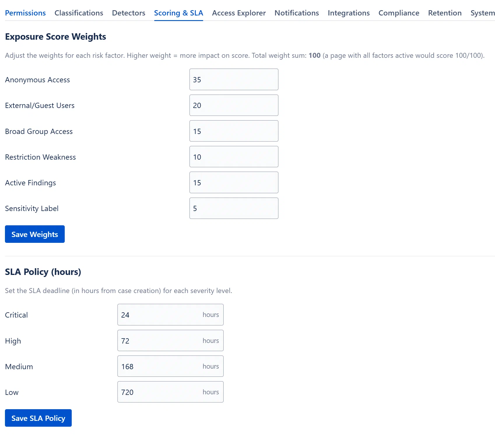 Scoring & SLA tab showing the two sections with numeric input fields and separate Save buttons