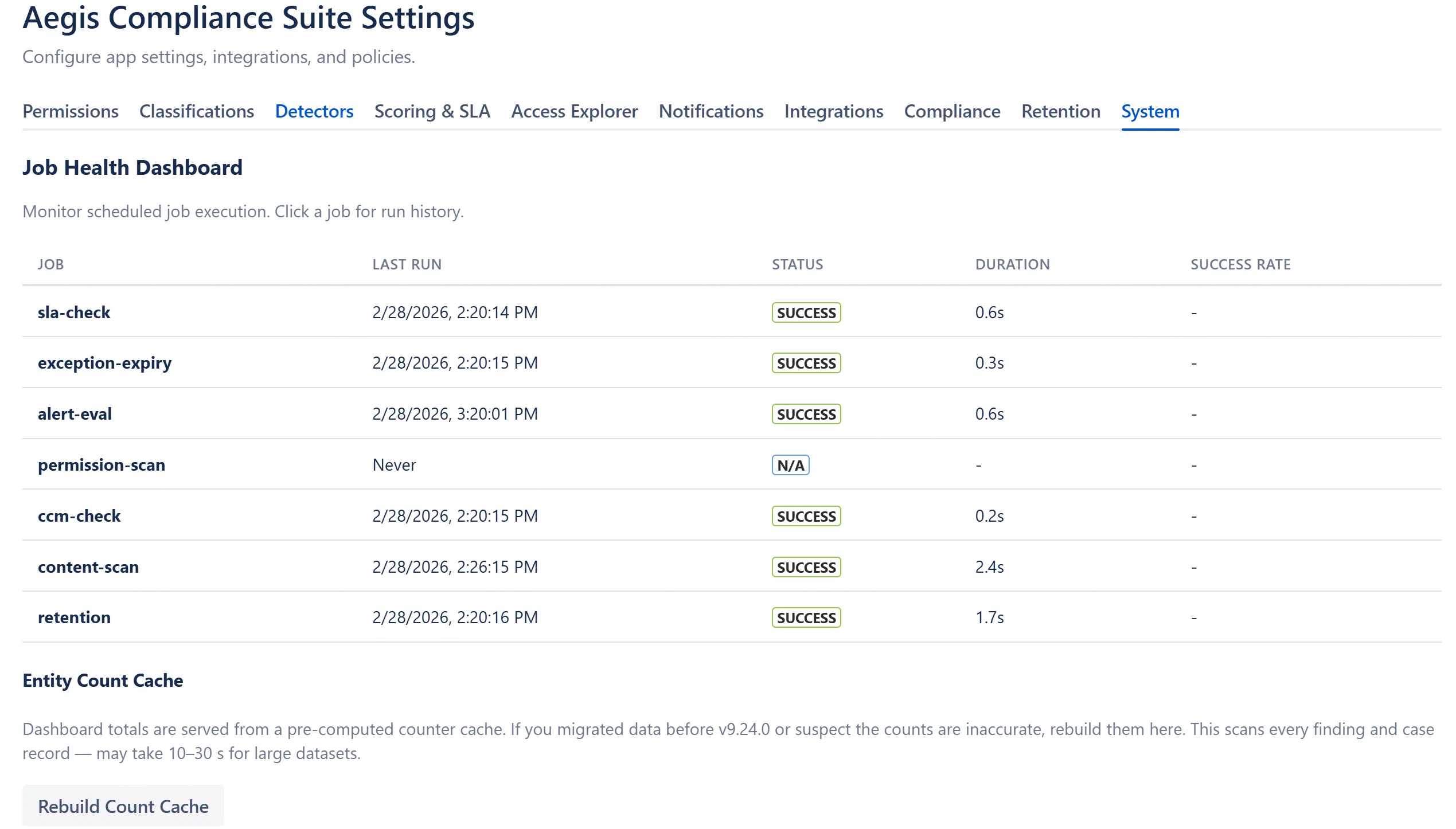 System tab showing the Job Health Dashboard table with job names, statuses, and durations